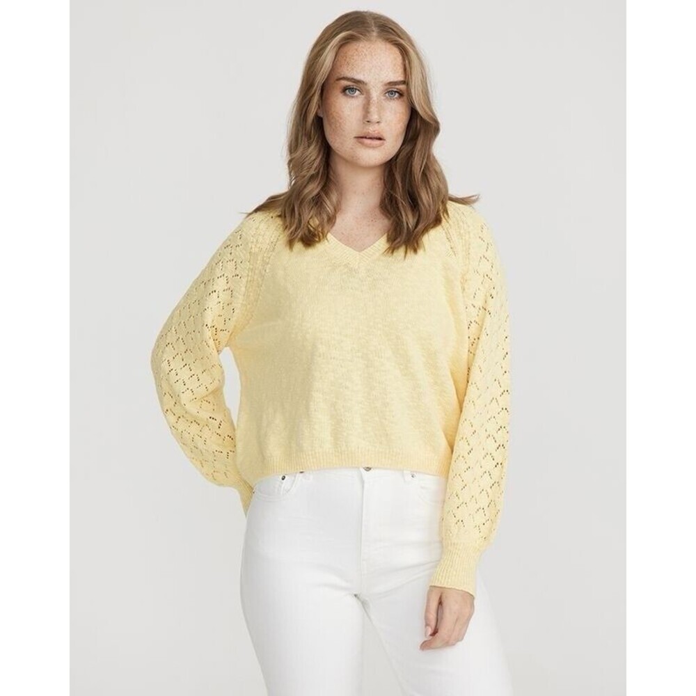 HOLEBROOK SWEDEN Women’s Sweater Size S/P Irma V neck  Cotton Slub Knit Yellow‎